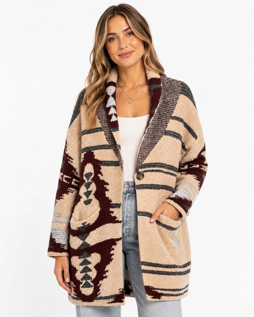 Davi & Dani Aztec Southwestern Sherpa Cardigan Sweater Women’s M Oversized - Picture 2 of 8